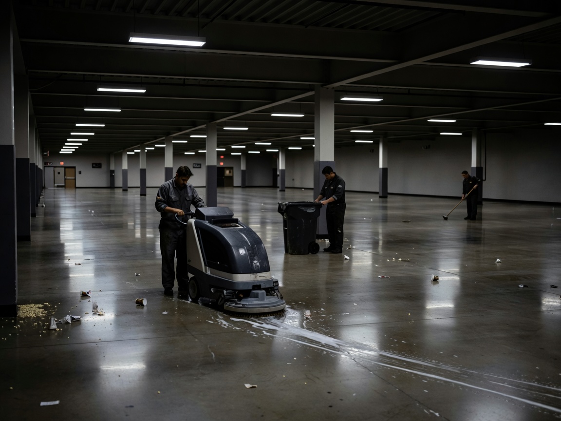 Sports arena concourse in the quiet hours after an event