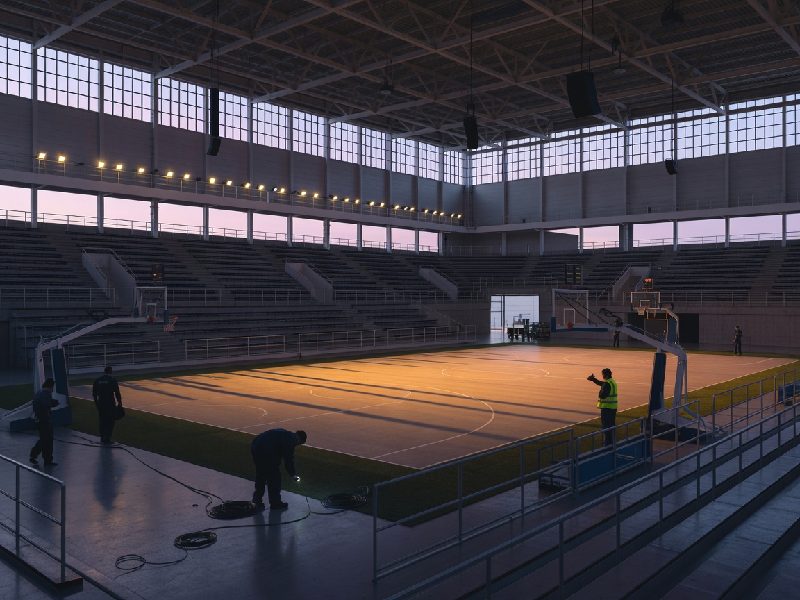 Sports venue interior glowing in the quiet hours before an event