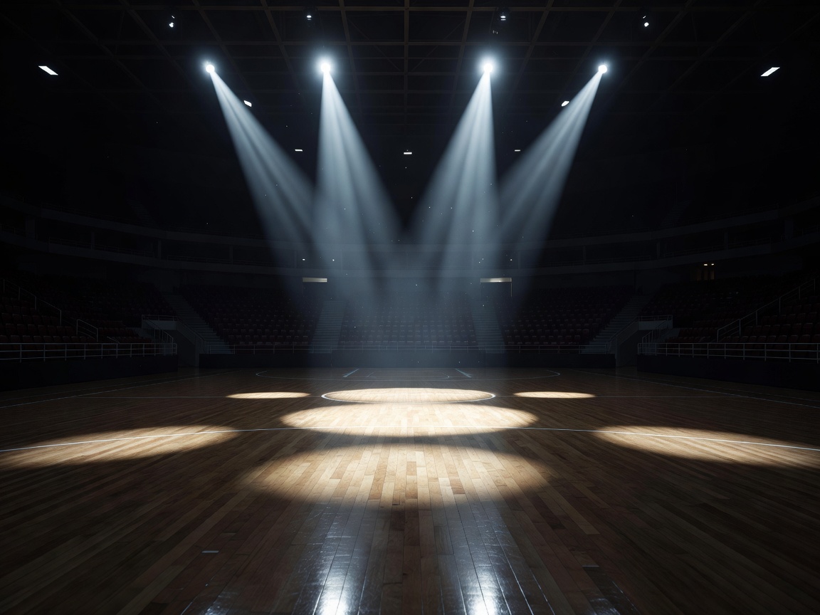 Empty indoor arena court illuminated by focused spotlights