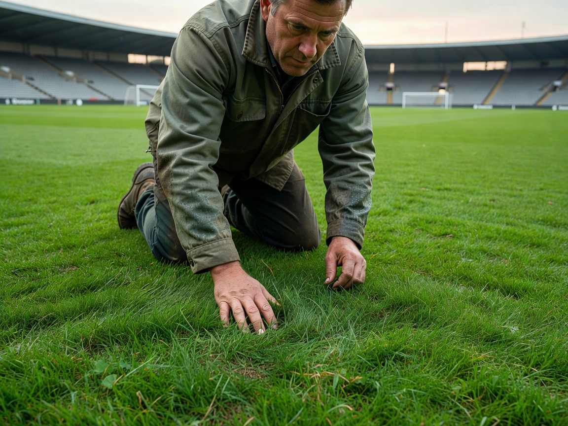 Groundskeeper checking the condition of stadium turf by hand