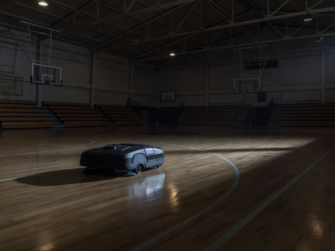 Robotic floor cleaner crossing a shadowed indoor sports hall