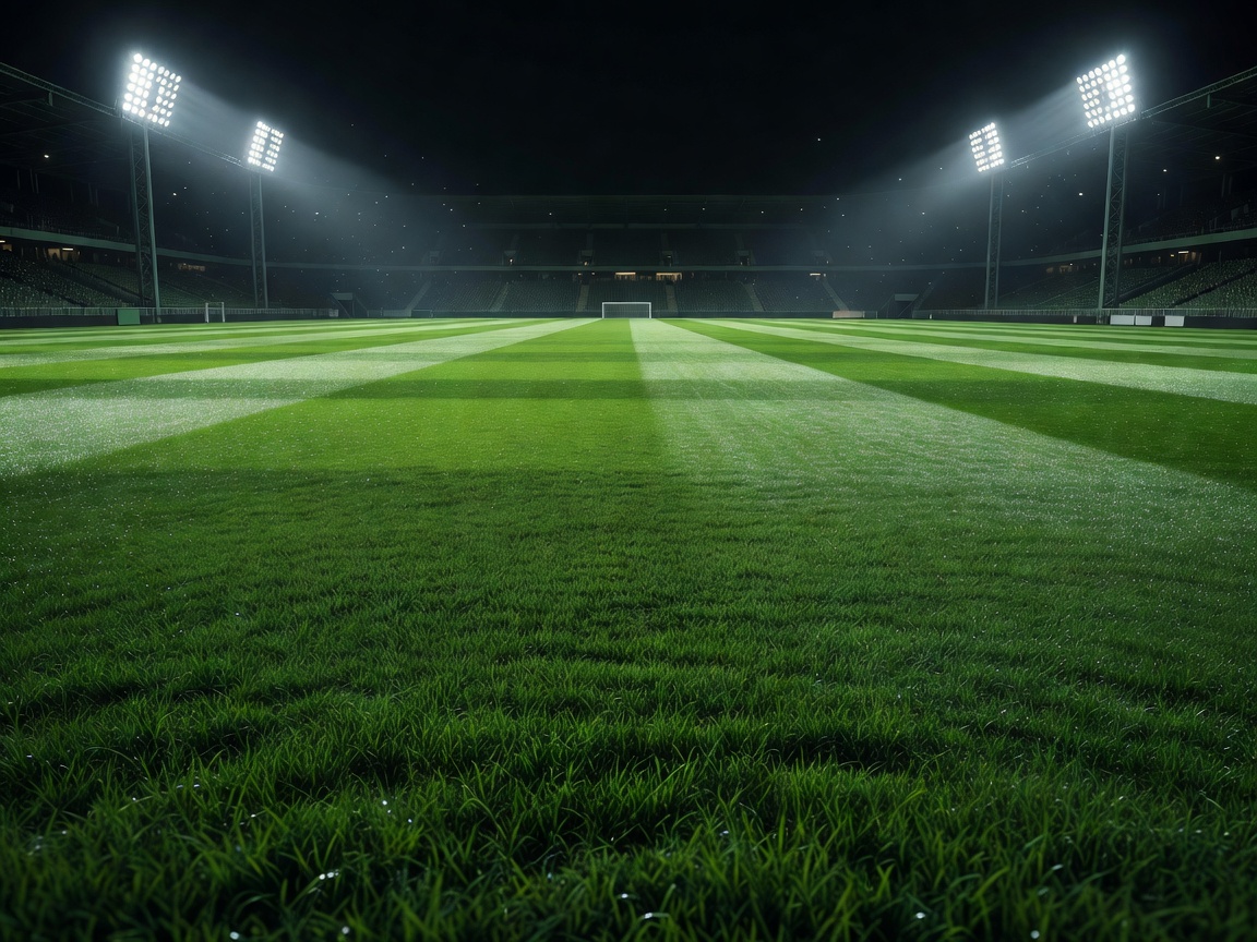 Stadium field beneath dramatic floodlights, ready for close inspection