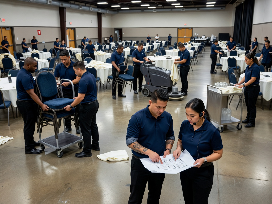 Venue staff coordinating the reset of an event space